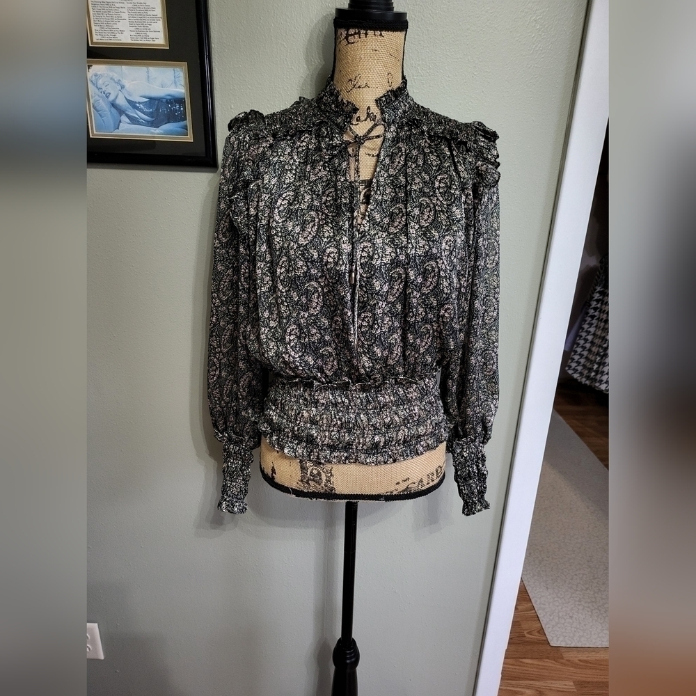 Elan smocked neck blouse with tie neck with Gold metallic thread